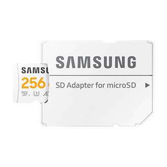 Karta Samsung PRO Plus microSD 256GB częściowo wsunięta do adaptera SD, edycja Sonic z grafiką Tailsa