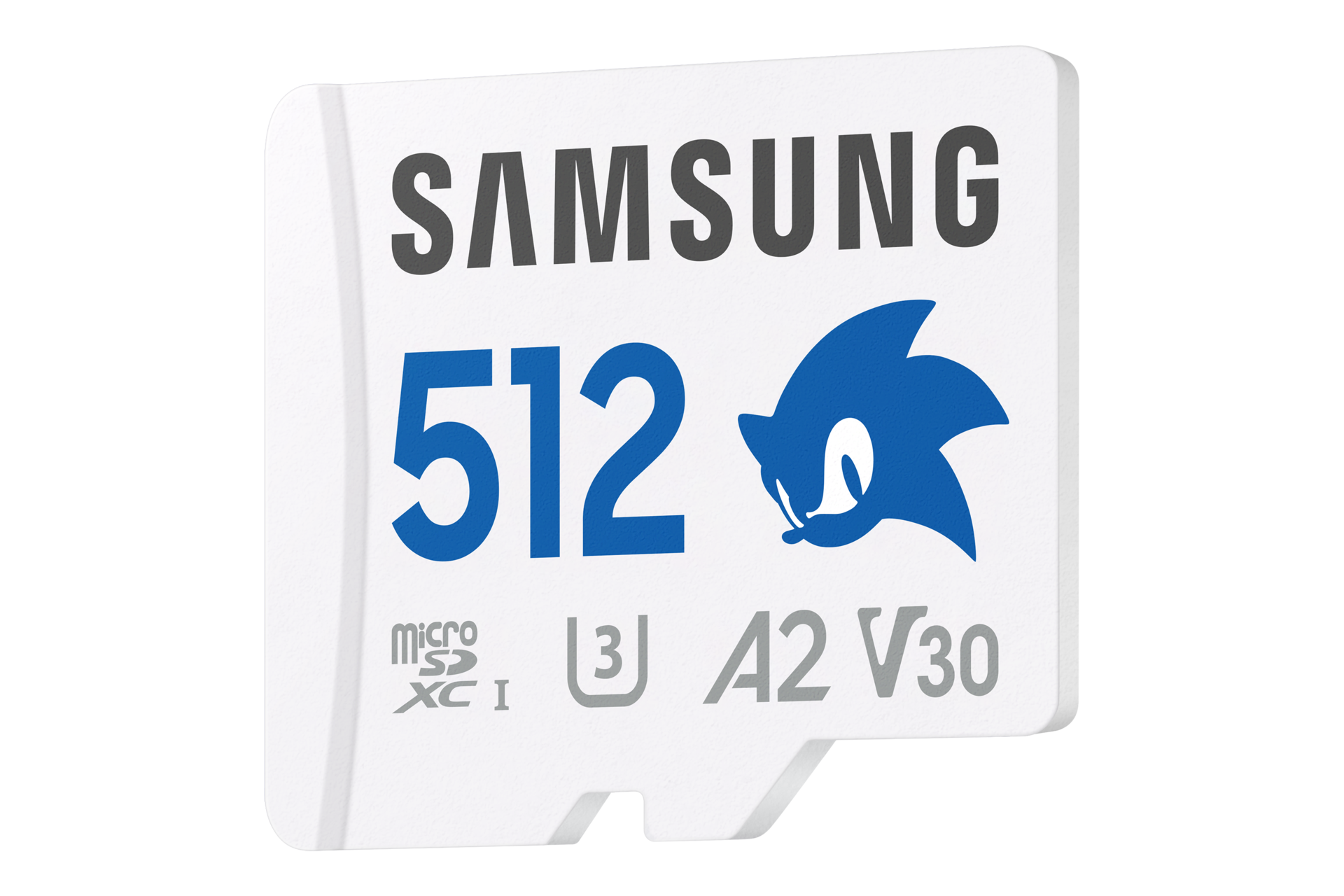 Karta pamięci Samsung PRO Plus microSD 512GB z niebieskim logiem Sonica, klasa A2, U3, V30, widok skosem w lewo