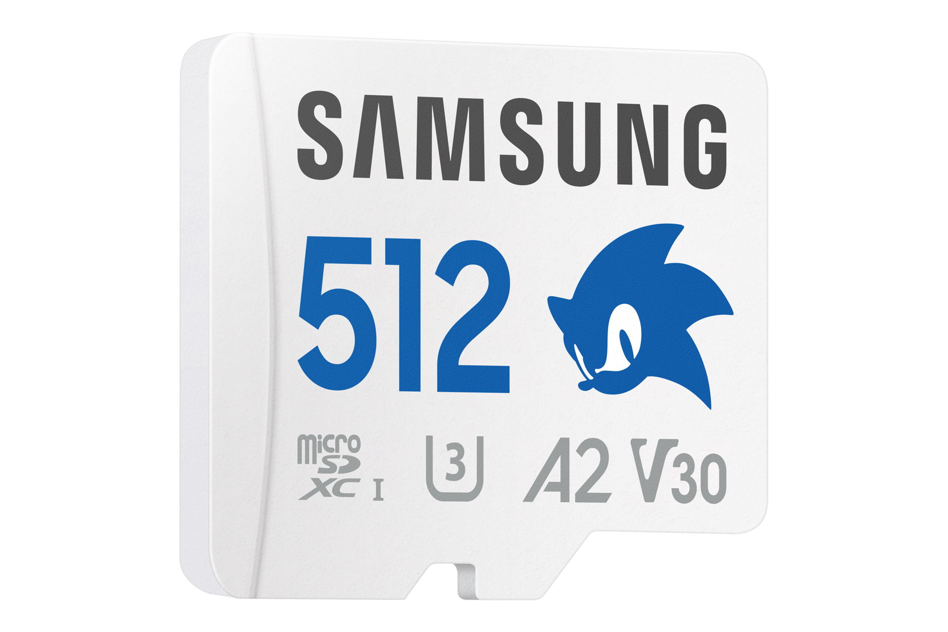 Karta pamięci Samsung PRO Plus microSD 512GB z niebieskim logiem Sonica, klasa A2, U3, V30, wodok skosem w prawo