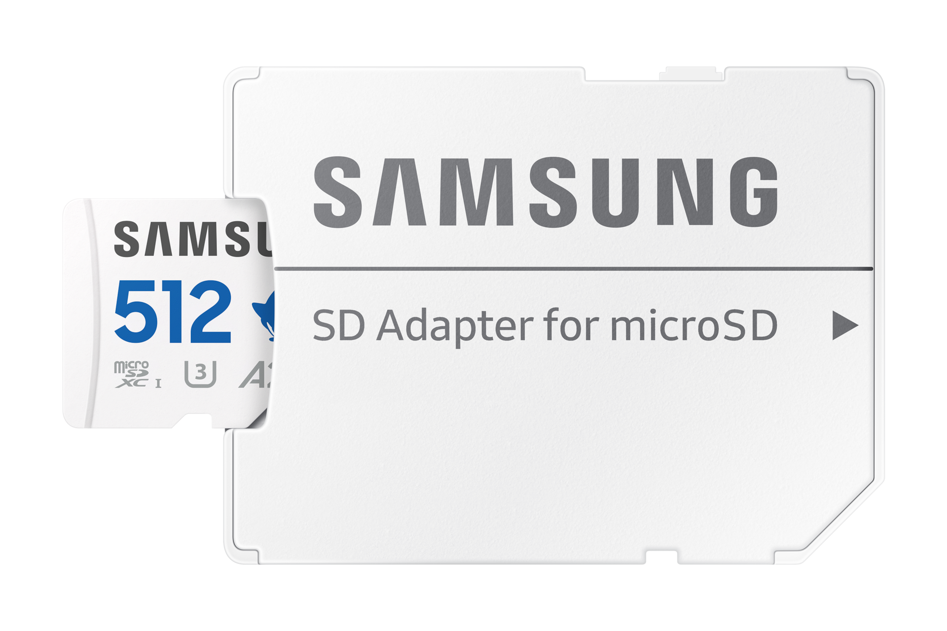 Karta Samsung PRO Plus microSD 512GB częściowo wsunięta do adaptera SD, edycja Sonic