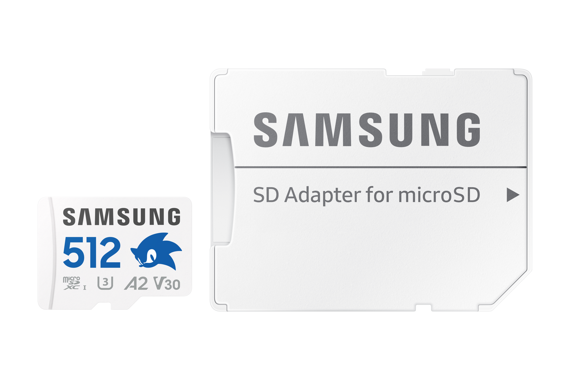 Karta Samsung PRO Plus microSD 512GB i adapter SD ułożone obok siebie, zestaw w kolorze białym z logiem Sonica