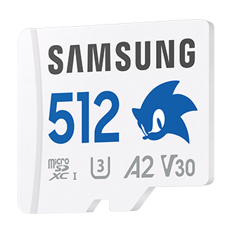 Karta pamięci Samsung PRO Plus microSD 512GB z niebieskim logiem Sonica, klasa A2, U3, V30, widok skosem w lewo