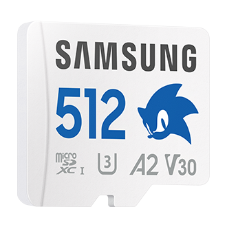 Karta pamięci Samsung PRO Plus microSD 512GB z niebieskim logiem Sonica, klasa A2, U3, V30, wodok skosem w prawo