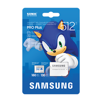 Opakowanie karty pamięci Samsung PRO Plus microSD 512GB z adapterem SD i grafiką Sonica z serii Sonic the Hedgehog