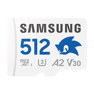 Karta pamięci Samsung PRO Plus microSD 512GB z niebieskim logiem Sonica, klasa A2, U3, V30, widok z przodu