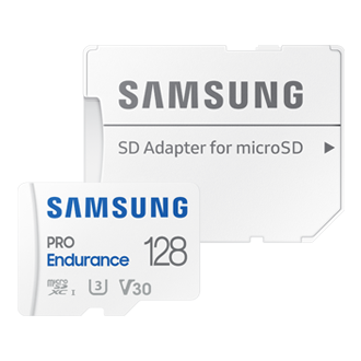 Zdjęcie karty pamięci microSD 128GB PRO Endurance  widzianej na wprost wraz z adapterem MB-MJ128KA/EU.