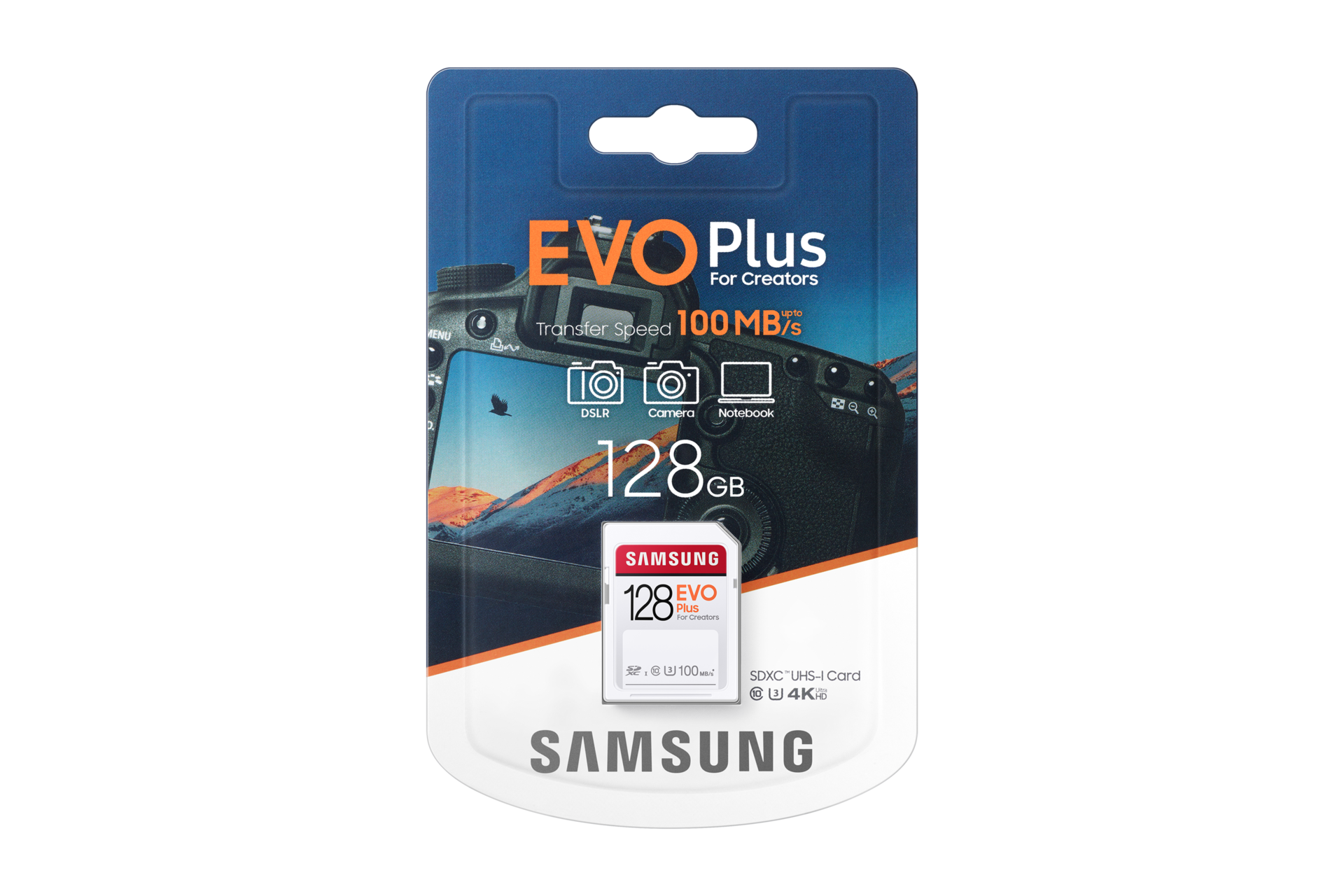 Karta pamięci Samsung SD 128GB EVO Plus 2020 - widok na kartę w oryginalnym opakowaniu