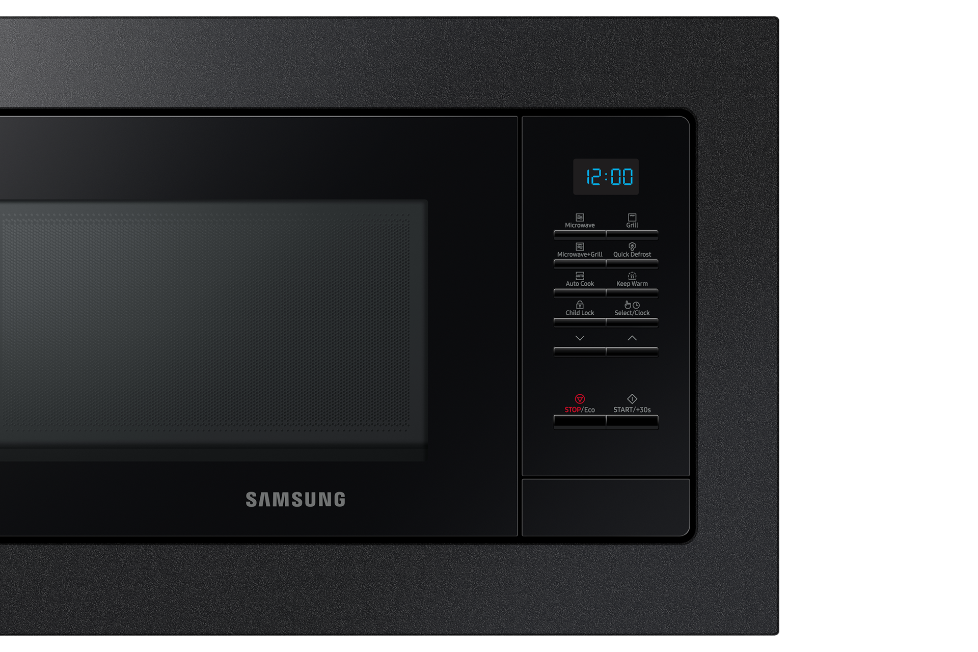 To zdjęcie przedstawia panel kontrolny, w jaki jest wyposażona mikrofalówka z grillem Samsung MG23A7013AB/EO.