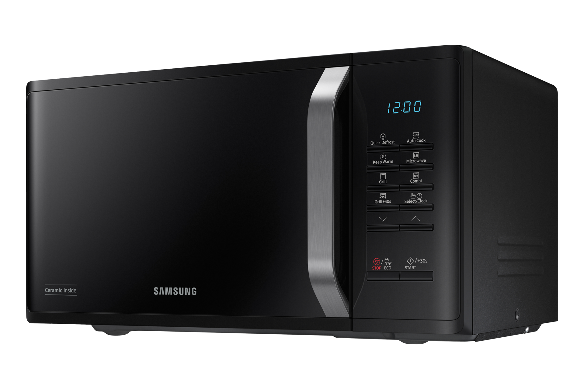 Czarna mikrofalówka wolnostojąca z grillem 800W MG23K3523AK/E2, widok skosem w lewo