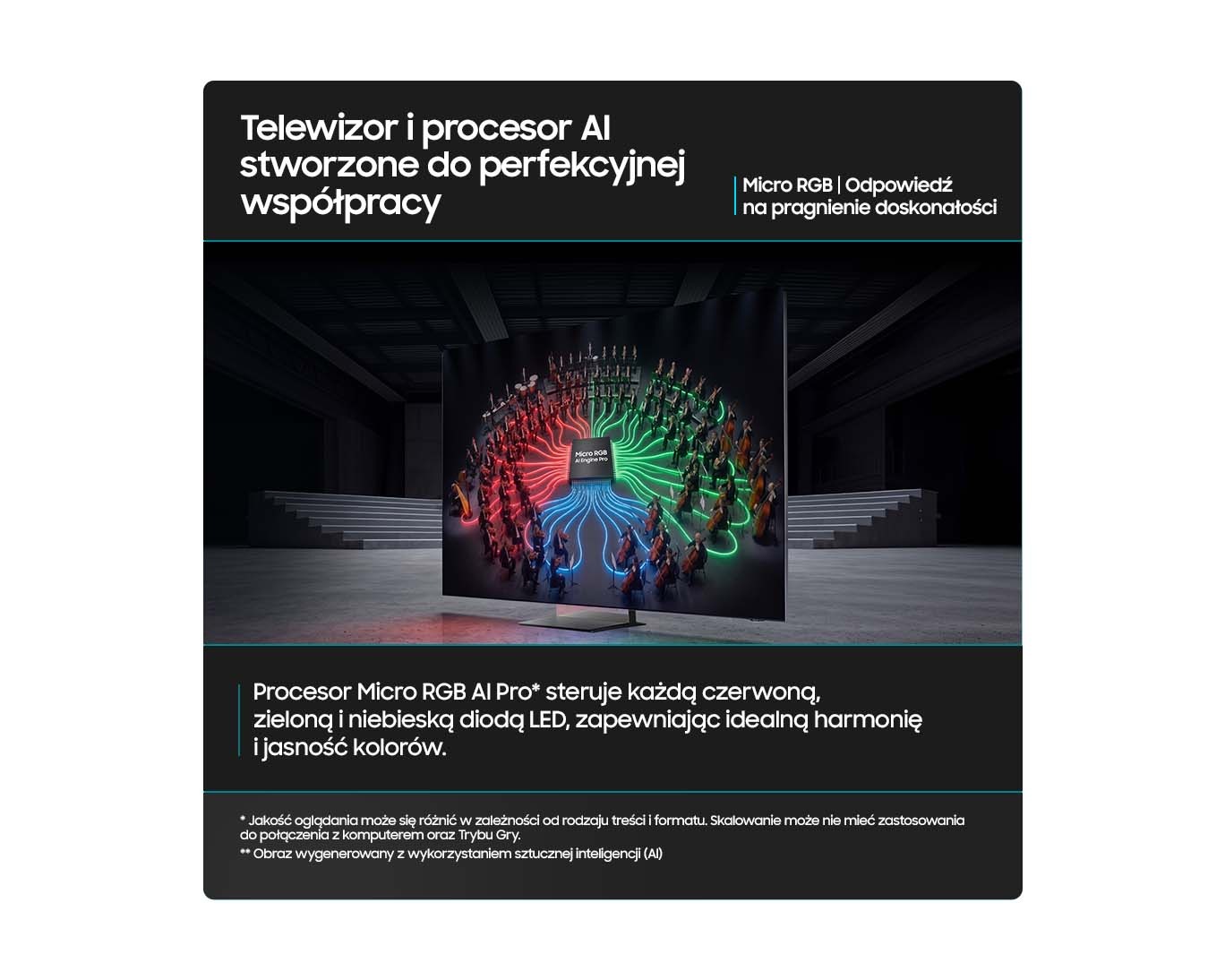 Telewizor Samsung wyświetlający orkiestrę połączoną czerwonymi, zielonymi i niebieskimi smugami światła z procesorem Micro RGB AI Pro. Opis pod zdjęciem: Procesor Micro RGB AI Pro steruje każdą czerwoną, zieloną i niebieską diodą LED, zapewniając idealną harmonię i jasność kolorów. Przypisy: jakość oglądania może się różnić w zależności od rodzaju treści i formatu, skalowanie może nie mieć zastosowania przy połączeniu z komputerem oraz w Trybie Gry; obraz wygenerowany z wykorzystaniem sztucznej inteligencji.