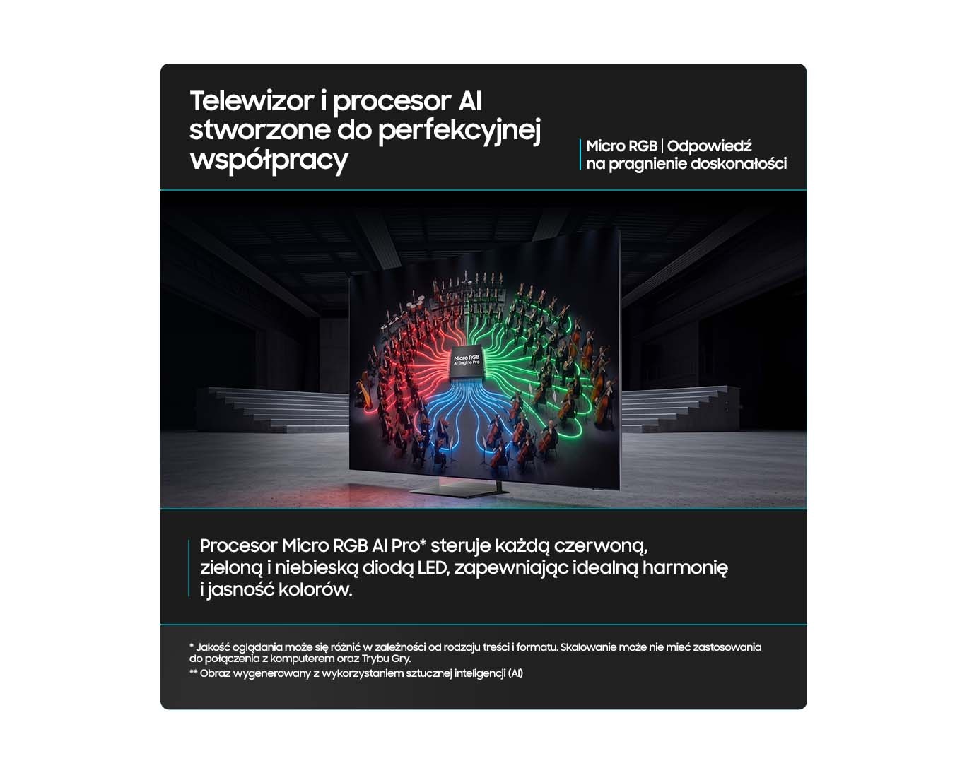 Telewizor Samsung wyświetlający orkiestrę połączoną czerwonymi, zielonymi i niebieskimi smugami światła z procesorem Micro RGB AI Pro. Opis pod zdjęciem: Procesor Micro RGB AI Pro steruje każdą czerwoną, zieloną i niebieską diodą LED, zapewniając idealną harmonię i jasność kolorów. Przypisy: jakość oglądania może się różnić w zależności od rodzaju treści i formatu, skalowanie może nie mieć zastosowania przy połączeniu z komputerem oraz w Trybie Gry; obraz wygenerowany z wykorzystaniem sztucznej inteligencji.