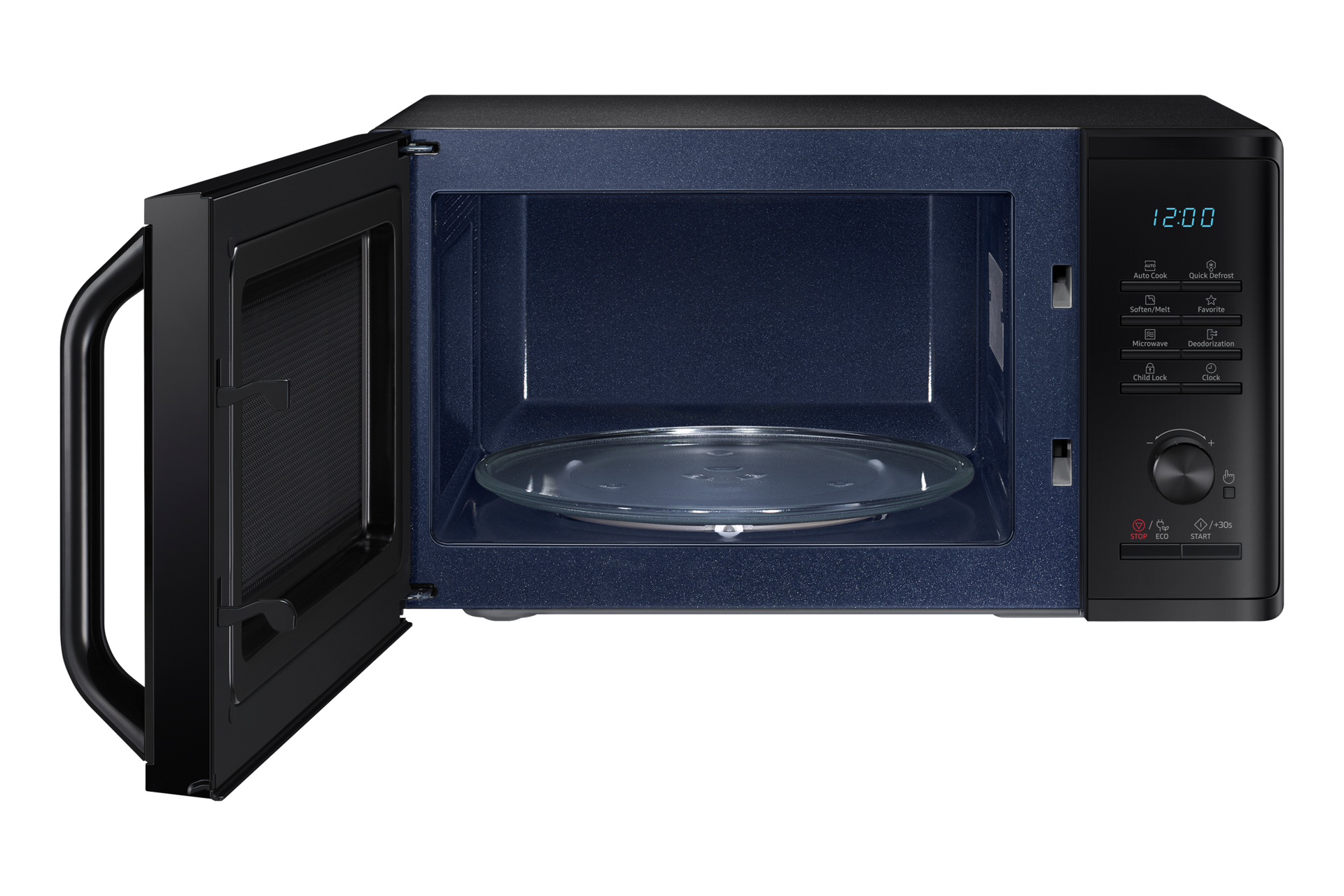 Czarna mikrofalówka wolnostojąca 800W MS23K3515GK/E2, widok z przodu z otwartymi drzwiczkami