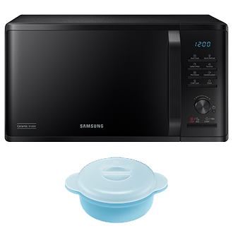 Czarna mikrofalówka wolnostojąca 800W MS23K3515GK/E2, widok z przodu z niebieskim pojemnikiem