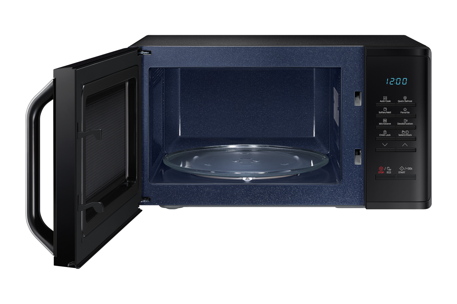 Czarna mikrofalówka wolnostojąca 800W MS23K352AK/E2, widok z przodu z otwartymi drzwiczkami