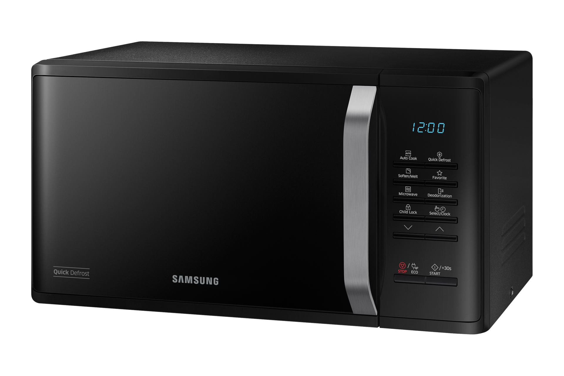 Czarna mikrofalówka wolnostojąca 800W MS23K352AK/E2, widok skosem w lewo, ujęcie z góry