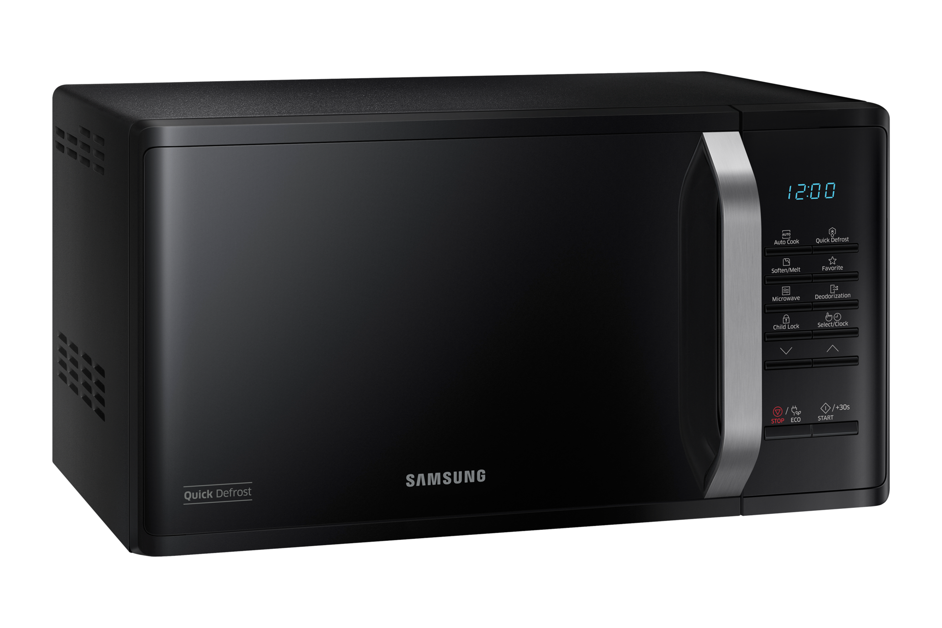 Czarna mikrofalówka wolnostojąca 800W MS23K352AK/E2, widok skosem w prawo