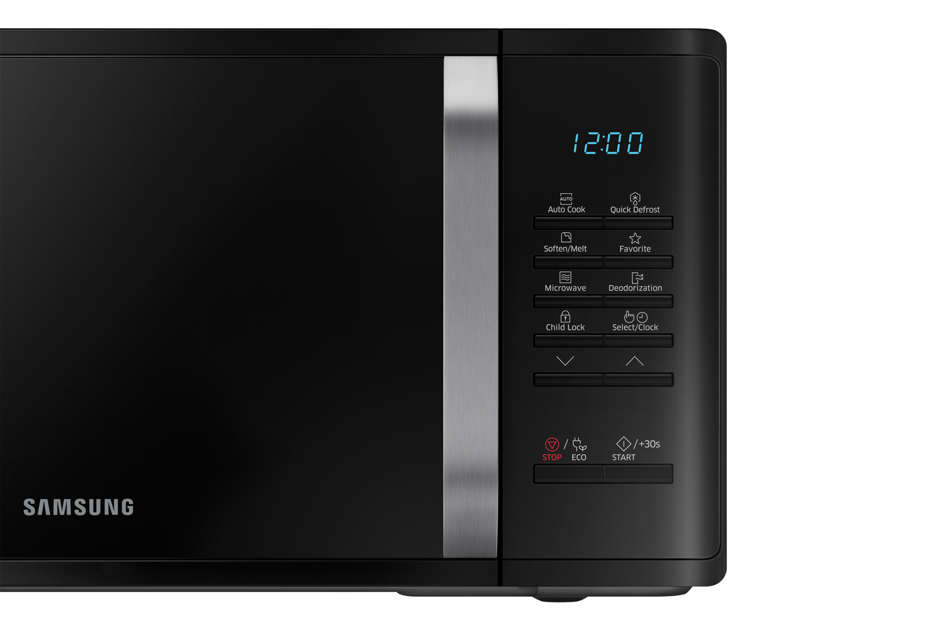 Czarna mikrofalówka wolnostojąca 800W MS23K352AK/E2, zbliżenie na panel sterowania