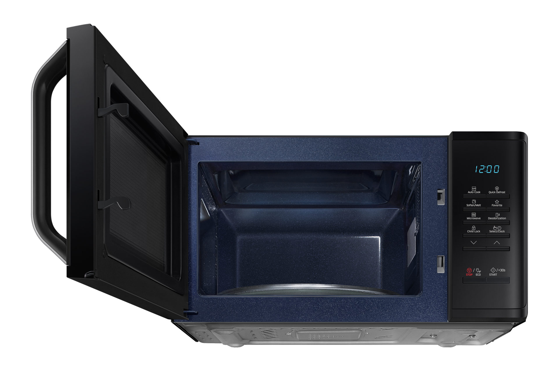 Czarna mikrofalówka wolnostojąca 800W MS23K352AK/E2, z otwartymi szeroko drzwiczkami