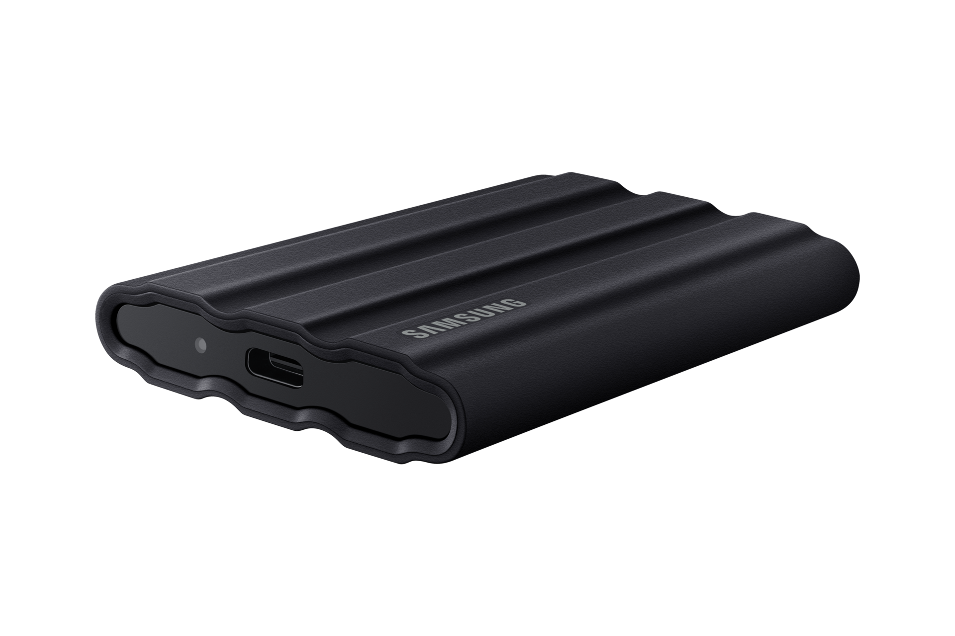 Zdjęcie pokazujące czarny położony dysk przenośny 2TB SSD T7 Shield USB 3.2, MU-PE2T0S/EU.