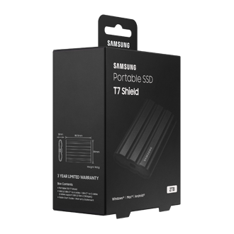 Rzut na opakowanie z dyskiem  zewnętrznym 2TB SSD T7 Shield USB 3.2.