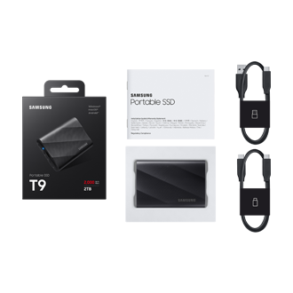 Zdjęcie pokazujące cały zestaw w opakowaniu dysku zewnętrznego 2TB SSD T9 USB 3.2 Gen 2x2.