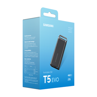 Rzut na opakowanie z dyskiem przenośnym SSD 2TB T5 EVO USB 3.2 Gen 1.