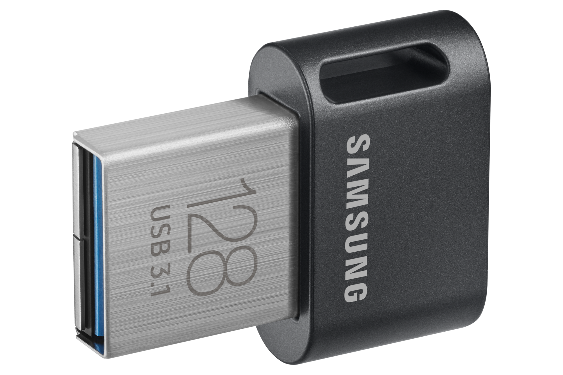 Widziany z lewej perspektywy nieduży pendrive 128 GB Samsung MUF-128AB/APC FIT Plus 2020 z 5-letnią gwarancją i szybkością sekwencyjnego odczytu aż do 400 MB/s