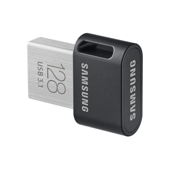 Widziany z prawej perspektywy niewielki i dyskretny pendrive Samsung FIT Plus 2020 128 GB MUF-128AB/APC z wejściem USB 3.1 Flash Drive i długą aż 5-letnią gwarancją