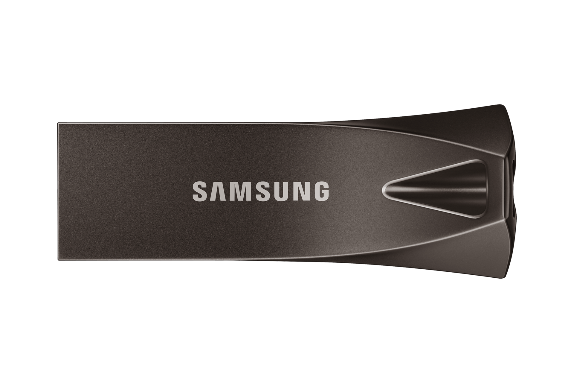 256 GB i aż do 400 MB/s szybkości odczytu - to właśnie wersja 2020 pendrive'a MUF-256BE4/APC Samsung BAR Plus 2020 z USB 3.1 Flash Drive w kolorze tytanowym szarym - zdjęcie wskazuje przód urządzenia