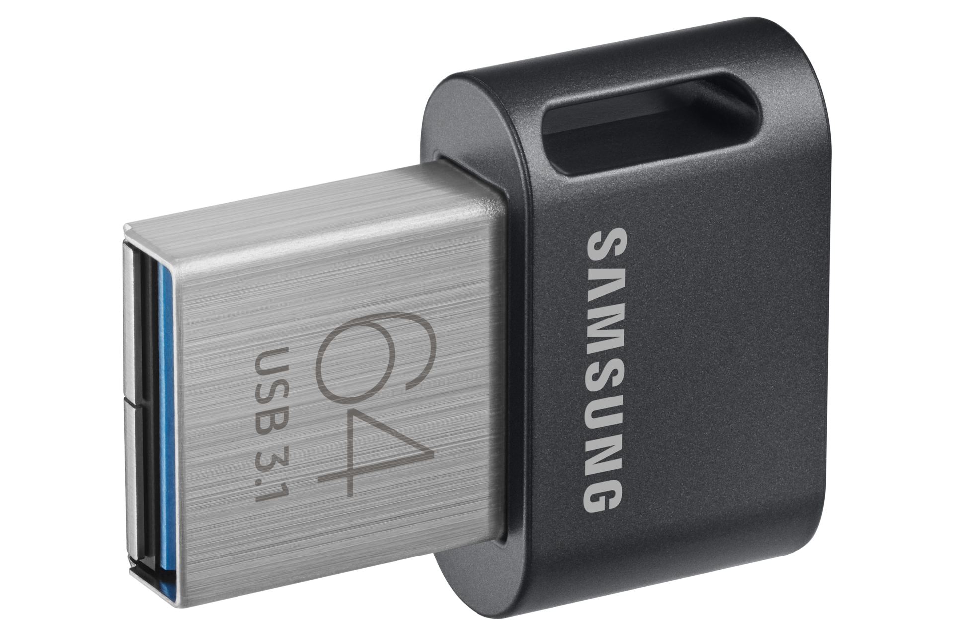 Widok z lewego skosu na dyskretny pendrive 64 GB Samsung FIT Plus 2020 USB 3.1 Flash Drive MUF-64AB/APC z 5-letnią gwarancją i szybkością sekwencyjnego odczytu 300 MB/s - 