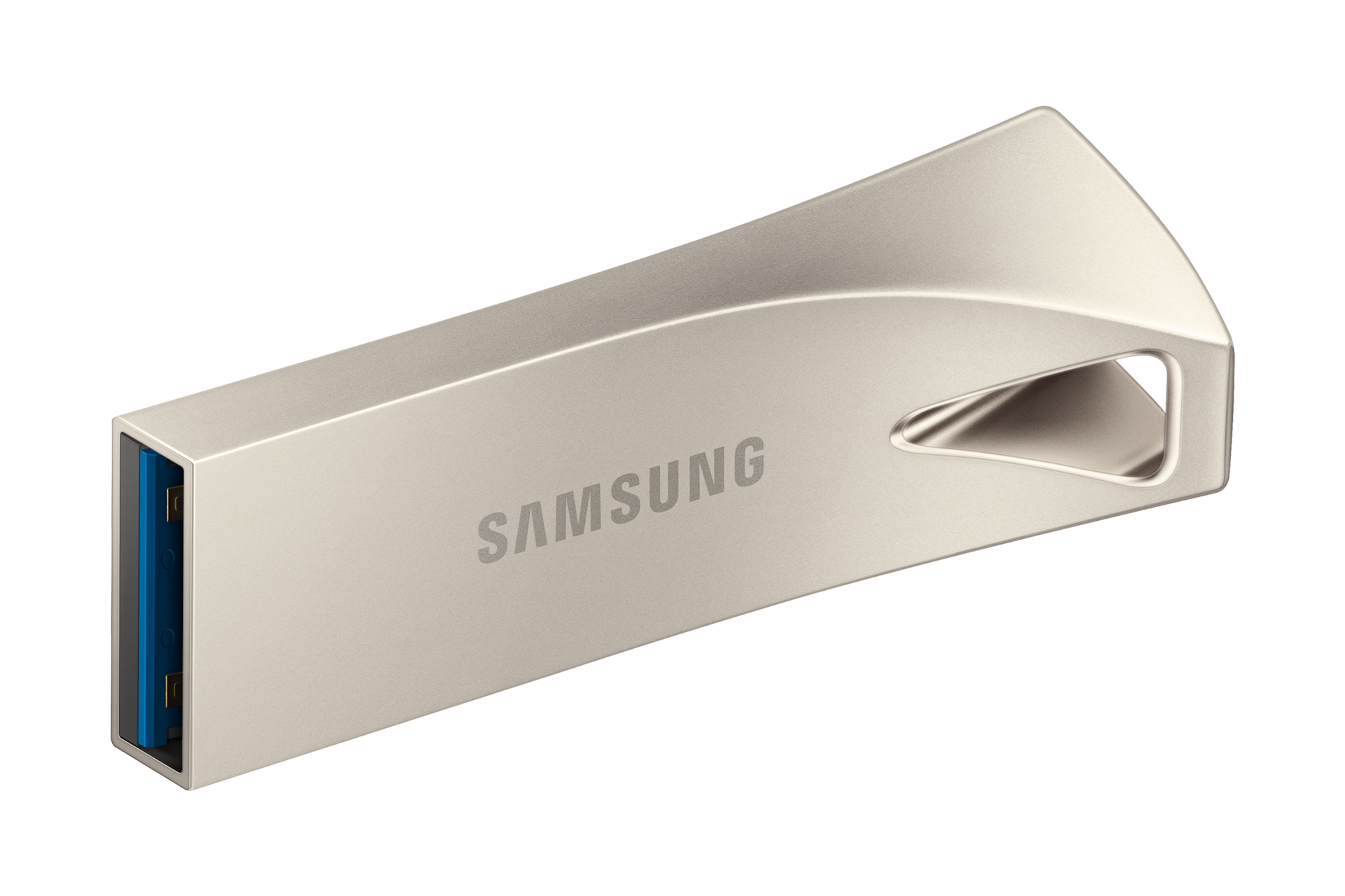 Srebrny pendrive 64 GB Samsung BAR Plus 2020 USB 3.1 Flash Drive MUF-64BE3/APC posiadający szybkość sekwencyjnego odczytu do 300 MB/s - lewa perspektywa 