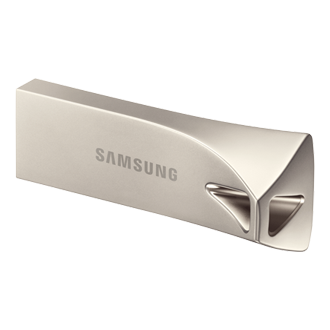 Widoczny z lewej perspektywy pendrive MUF-64BE3/APC Samsung BAR Plus 2020 USB 3.1 Flash Drive MUF-64BE3/APC w kolorze srebrnym o pojemności 64 GB