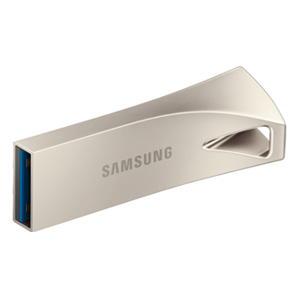 Srebrny pendrive 64 GB Samsung BAR Plus 2020 USB 3.1 Flash Drive MUF-64BE3/APC posiadający szybkość sekwencyjnego odczytu do 300 MB/s - lewa perspektywa 