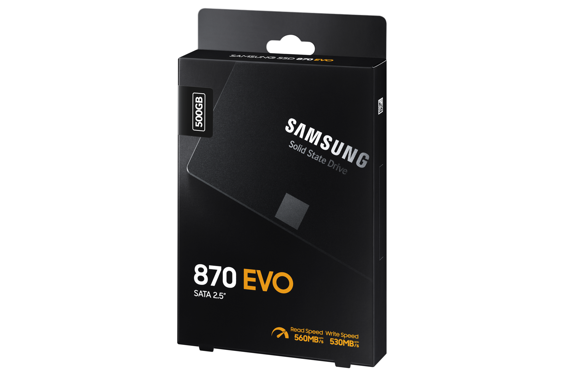 Dysk Samsung 870 EVO SATA 2,5" o pojemności 500GB i prędkości sekwencyjnej do 560 MB/s - opakowanie zewnętrzne widziane  z perspektywy skośnej