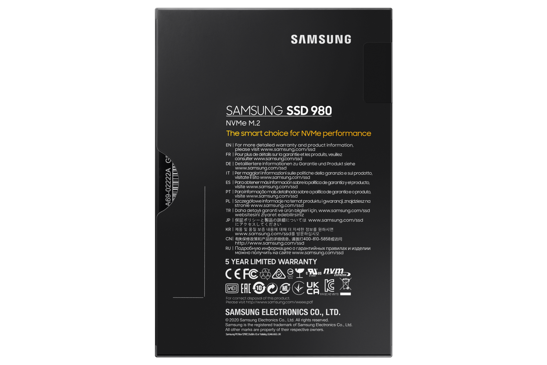 Zdjęcie pokazujące dysk wewnętrzny 500 GB 980 PCIe 3.0 NVMe™  MZ-V8V500BW w opakowaniu od tyłu.