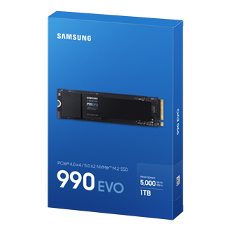 Rzut na opakowanie z dyskiem wewnętrznym 1TB 990 EVO PCle 4.0 NVMe™  MZ-V9E1T0BW.
