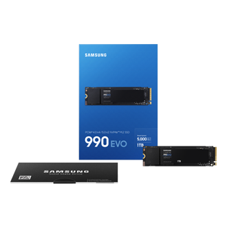 Zdjęcie pokazujące cały zestaw w opakowaniu dysku wewnętrznego 1TB 990 EVO PCle 4.0 NVMe™ MZ-V9E1T0BW.