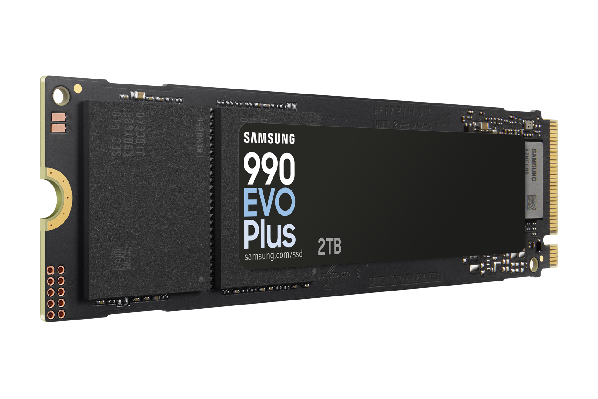 Rzut z lewej na dysk SSD 2TB 990 EVO PLUS NVMe, MZ-V9S2T0BW.