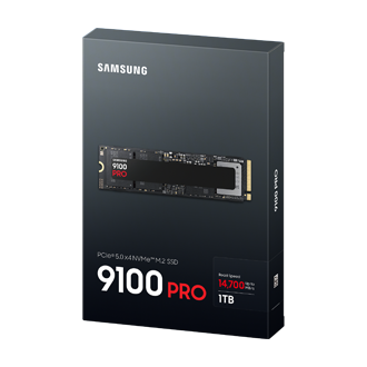Opakowanie dysku Samsung SSD 9100 PRO PCIe 5.0 M.2 1TB z widokiem na produkt i informacjami o prędkości odczytu do 14 800 MB/s