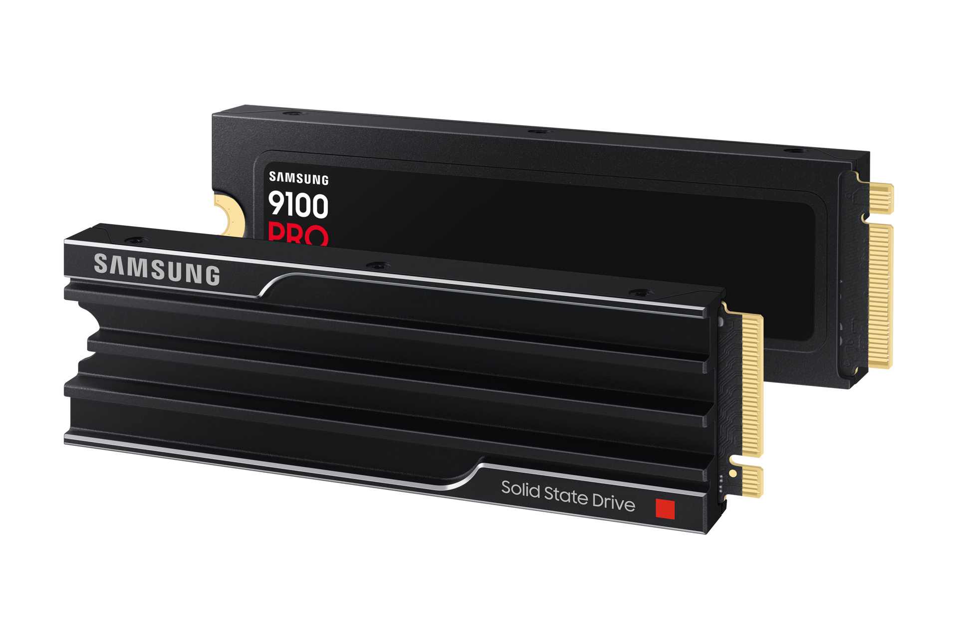 Dwa dyski SSD Samsung 9100 PRO, jeden z radiatorem, drugi bez, ukazujące różnicę w konstrukcji, z napisem 'Solid State Drive'.