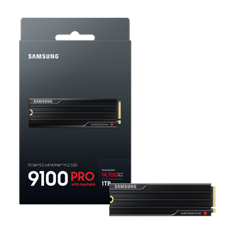Opakowanie dysku Samsung 9100 PRO PCIe 5.0 NVMe M.2 SSD z radiatorem, z dyskiem pokazanym obok i informacjami o prędkości odczytu 14,800 MB/s oraz pojemności 1TB.