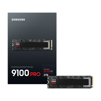 Opakowanie dysku Samsung SSD 9100 PRO PCIe 5.0 M.2 2TB z dyskiem pokazanym obok, informacja o prędkości odczytu do 14 800 MB/s.
