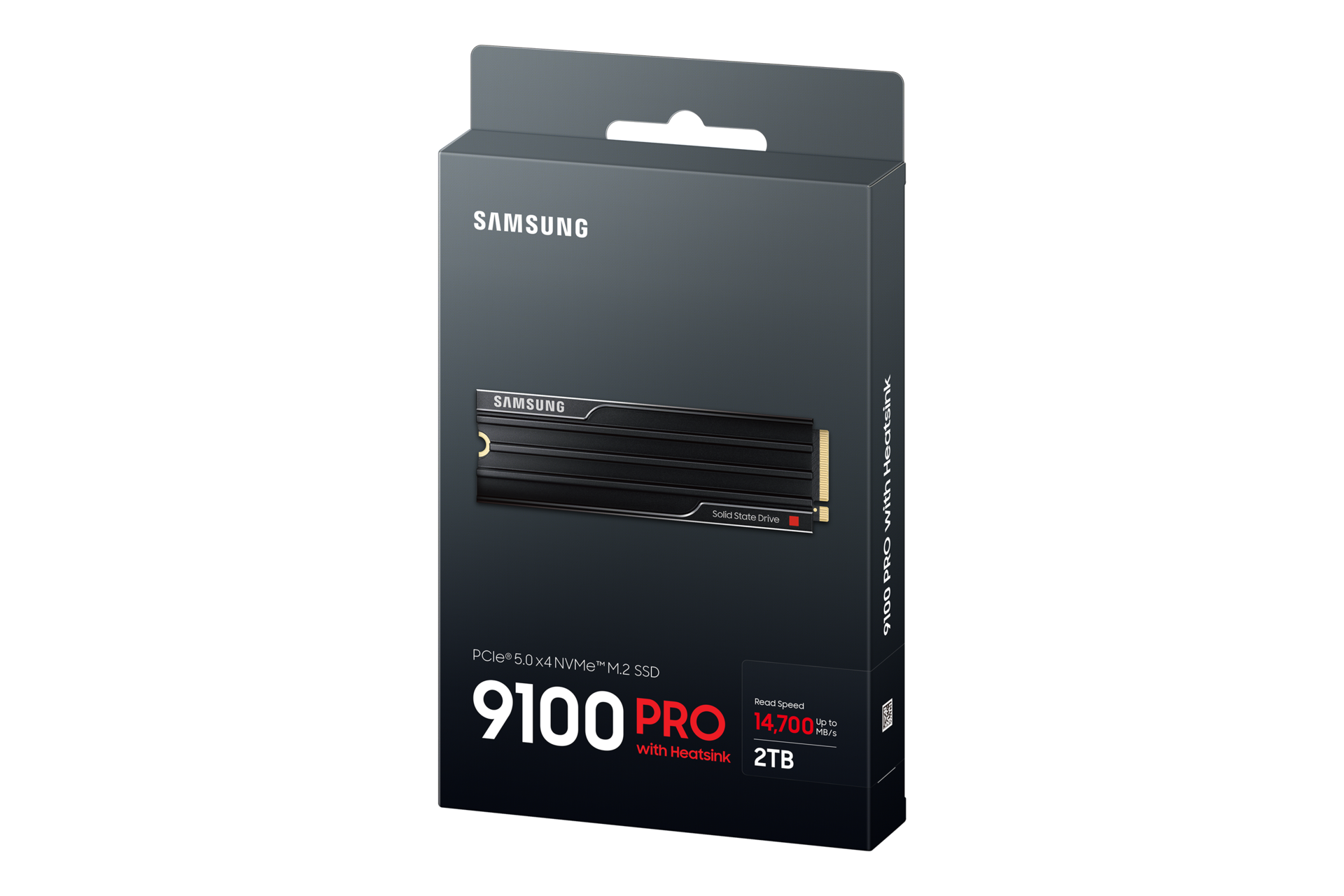 Opakowanie dysku Samsung 9100 PRO PCIe 5.0 NVMe M.2 SSD z radiatorem, z informacjami o prędkości odczytu 14,800 MB/s i pojemności 2TB