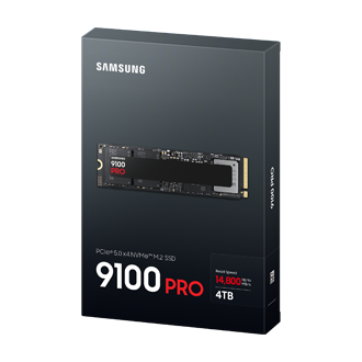 Opakowanie dysku Samsung SSD 9100 PRO PCIe 5.0 M.2 4TB z widokiem na produkt i informacjami o prędkości odczytu do 14 800 MB/s