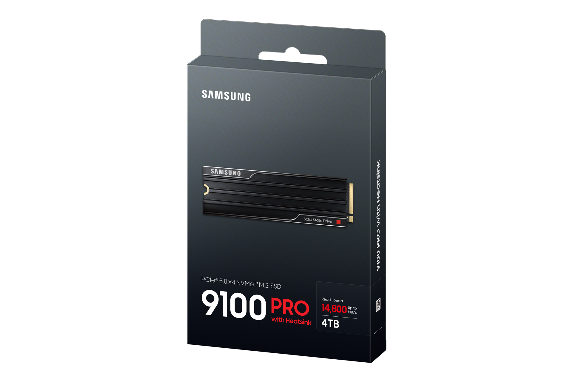 Opakowanie dysku Samsung 9100 PRO PCIe 5.0 NVMe M.2 SSD z radiatorem, z informacjami o prędkości odczytu 14,800 MB/s i pojemności 4TB