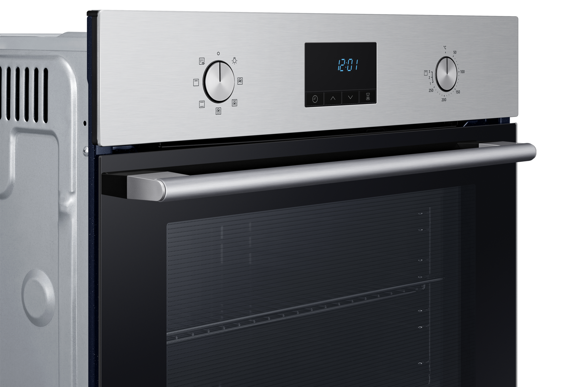 Pokrętła i wyświetlacz piekarnika do zabudowy z termoobiegiem Samsung NV68A1140BS/EO w przybliżeniu.