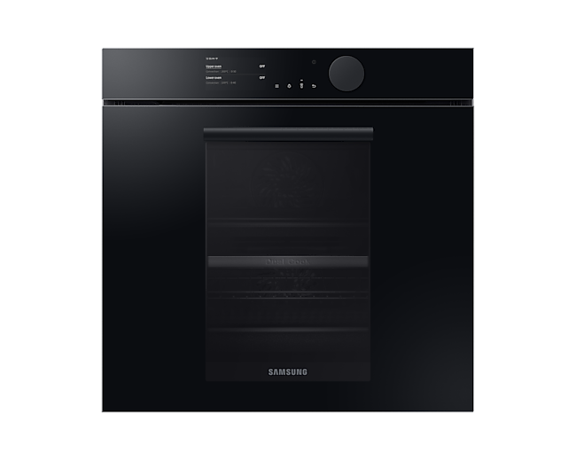 Czarny piekarnik Samsung NV75T8549RK/EO przedstawiony od frontu.