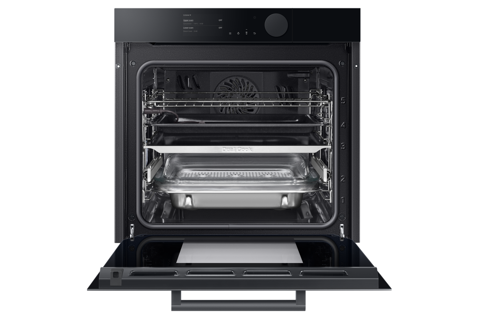 Nowoczesny piekarnik Samsung NV75T8979RK/EO od frontu, z otwartymi drzwiczkami.