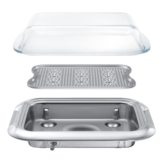 Poszczególne części naczynia do gotowania na parze, które znajduje się w zestawie z piekarnikiem Dual Cook Samsung NV75T8979RK/EO.