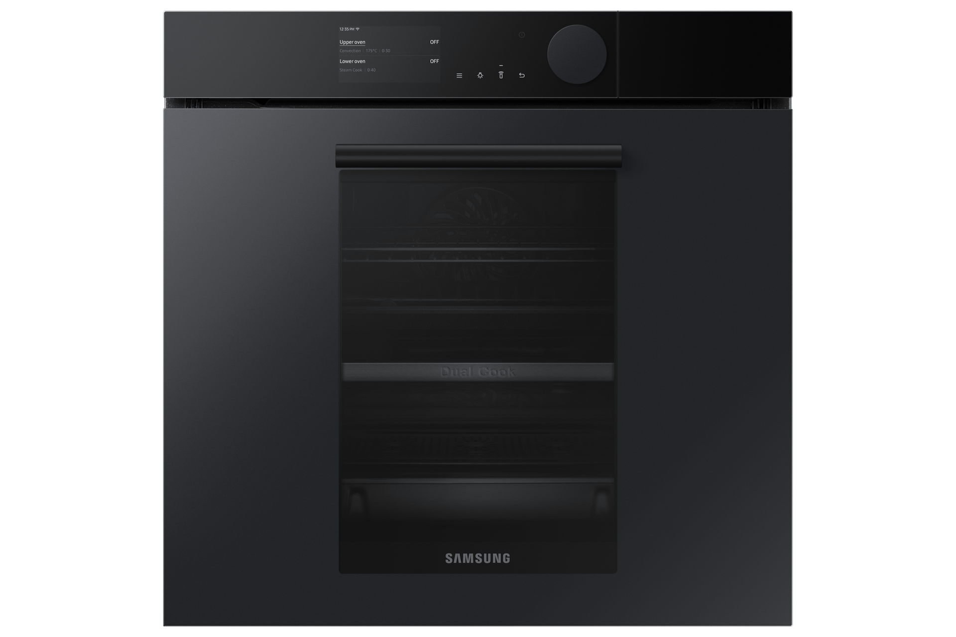 Czarny piekarnik do zabudowy Samsung Infinite Dual Cook Real Steam 75 l NV75T9979CD - widziany z przodu